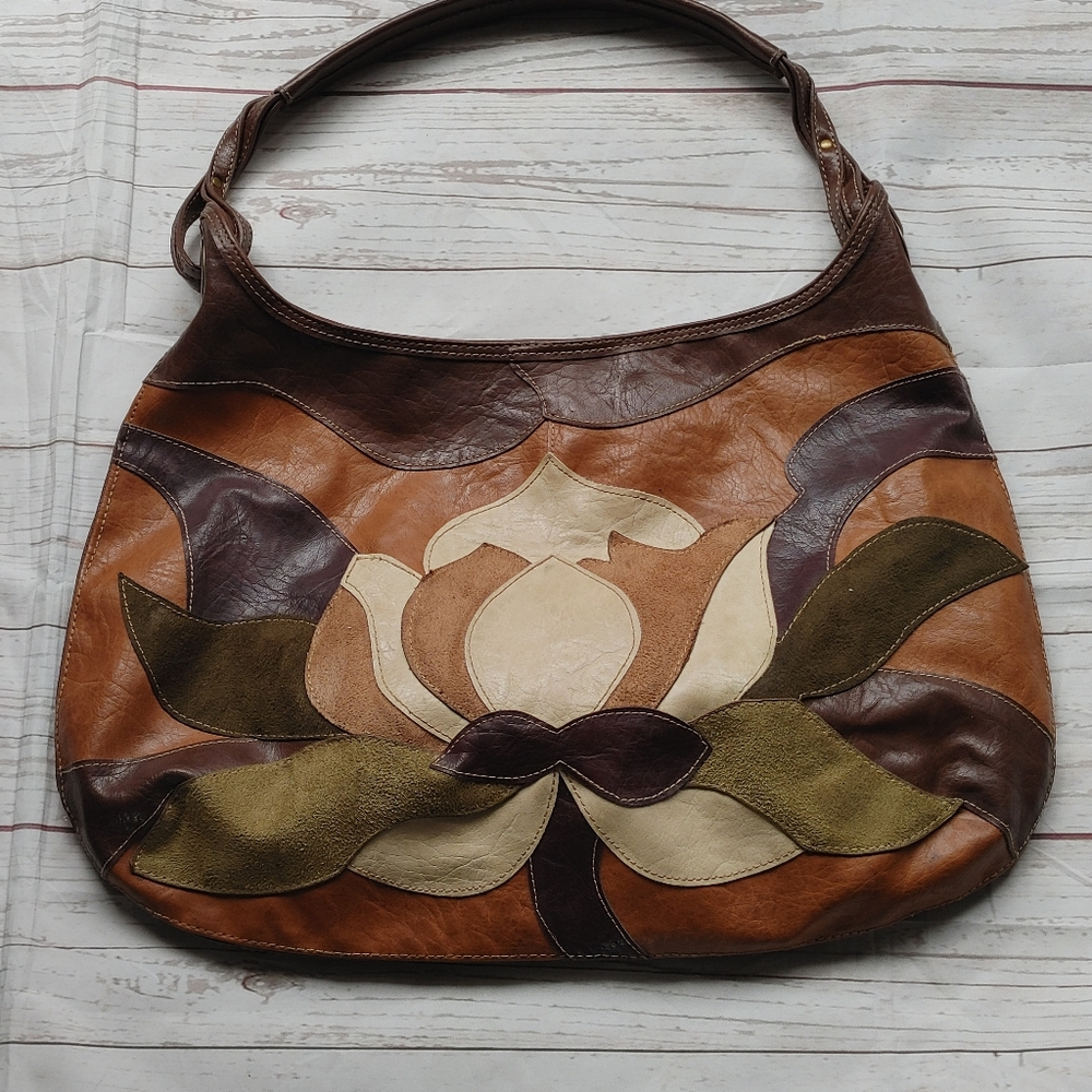 Vintage Suede/ leather bag with lotus detail
